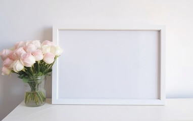 Mockup. 3d. White frame mockup with bouquet of pink roses in vase on white table.   Generative AI 