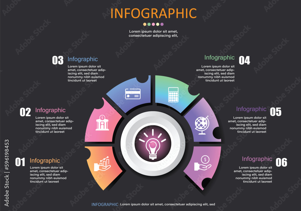 Poster vector round infographic with 6 segments, center circle is light bulb representing multiple fragment