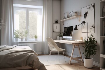 Bright bedroom with work area. Digital rendering. Generative AI