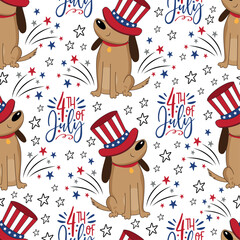 Naklejka premium Happy 4th of July cartoon dog seamless pattern. Funny cartoon animal character for fabric, wrapping, textile, wallpaper, apparel. Happy Independence Day!