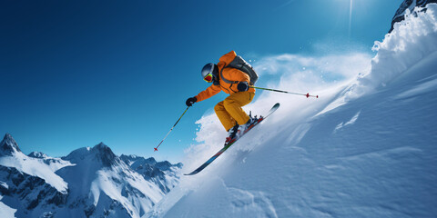 Naklejka na ściany i meble pro skier cliff jump, extreme skiing, winter mountain panorama with blue sky, generative ai