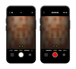 Camera interface on smartphone screen. Photo, video ui in mobile phone. Application for recording. Photo and video shooting. Viewfinder, focus and button record. Vector illustration.
