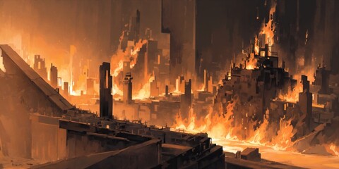 anime style background, landscape, hell, fire, flame, lava, city, town, generative ai, generative, ai