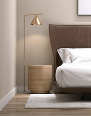 Luxury, minimal round wooden bedside table, gold floor lamp, brown leather headboard bed, with white blanket, pillow, in elegant beige wall bedroom on parquet floor for interior design background 3D