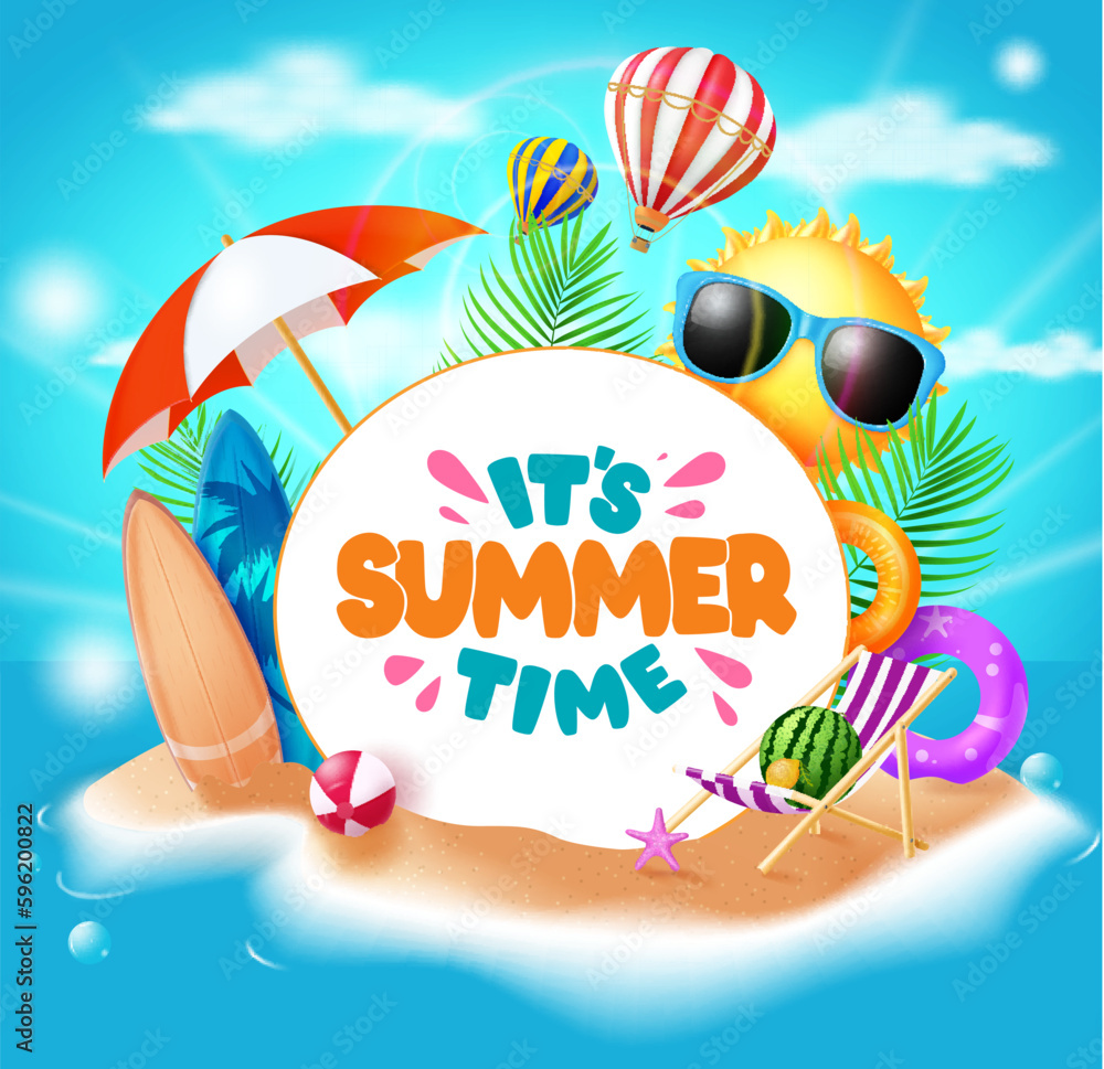 Poster summer time vector template design. it's summer time text in empty space in sand island with colorfu