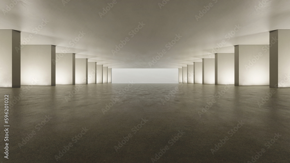 Poster 3d render of abstract concrete interior tunnel design with lighting.
