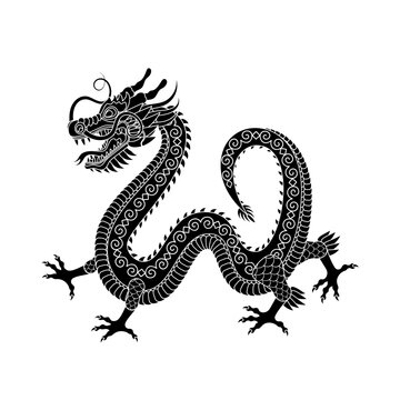Traditional black white chinese dragon. 2024 Zodiac sign. Vector illustration.