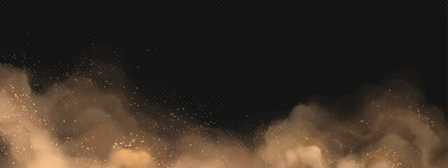 Realistic cloud of brown dust on transparent background. Vector illustration of sand storm in desert, smog mist with dirt particles flying in air, explosion effect. Ash in atmosphere. Hurricane wind © klyaksun