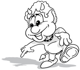Drawing of a Dancing Devil with a Smile on his Face and Pointing with his Finger