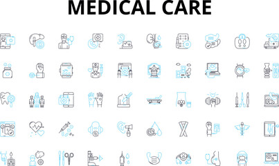 Medical care linear icons set. Diagnosis, Treatment, Prescription, Therapy, Check-up, Surgery, Medical vector symbols and line concept signs. Health,Recovery,Rehabilitation illustration