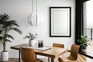 Obraz na płótnie Canvas modern table with chairs wall poster mockup 3d render