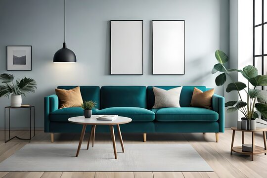 modern living room with sofa wall poster mockup 3d render 