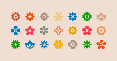 Groovy flower. Flat flower icons set. Retro 70s vector isolated elements.
