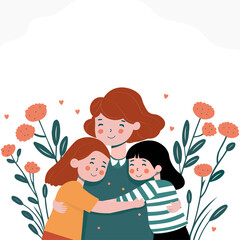 Young Woman Character Hugging Cute Girls On Floral Decorated Background.