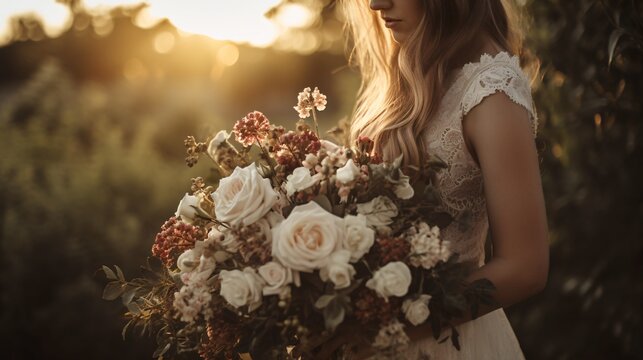 白いバラの花のブーケを持つ女性のイメージ　generative ai