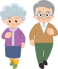 正面に向かって歩く高齢者　シニア夫婦