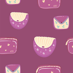 Fashion bags seamless pattern. Girly waist bag, fabric backpack, sunglasses and makeup cosmetics. Travel accessories, fancy handbag decent vector background,