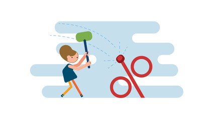 Businesswoman using hammer to nailed percentage sign to the floor. Federal Reserve low interest rate or central bank with long time zero percent interest rate until economic recover concept.