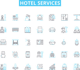 Hotel services linear icons set. ospitality, Accommodations, Amenities, Concierge, Room service, Housekeeping, Reception line vector and concept signs. Bellhop, Valet, Shuttle outline illustrations