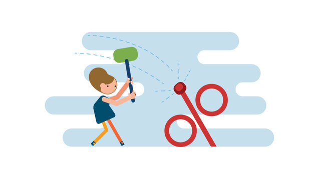 Businesswoman using hammer to nailed percentage sign to the floor. Federal Reserve low interest rate or central bank with long time zero percent interest rate until economic recover concept.