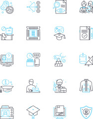 Scholastic features linear icons set. Curriculum, Library, Textbooks, Worksheets, Reference, Readings, Assessment line vector and concept signs. Learning,Education,Resources outline illustrations