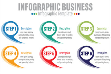 Vector infographics or timeline Six circles cards connected by arrows. Business concept of 6 steps. Design template for diagram, web, banner, workflow layout