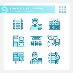 Railroad industry pixel perfect blue RGB color icons set. Railway station. Passenger rail. Rapid transit. Isolated vector illustrations. Simple filled line drawings collection. Editable stroke