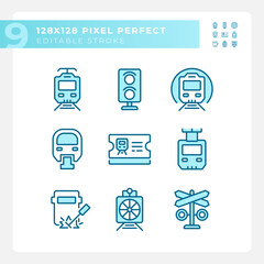 Railroad company pixel perfect blue RGB color icons set. Train transportation. Locomotive engineering. Isolated vector illustrations. Simple filled line drawings collection. Editable stroke