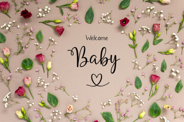 Colorful Spring Flower Arrangement With Roses, English Text Welcome Baby