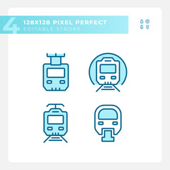 Passenger train pixel perfect blue RGB color icons set. Steam locomotive. Rail transportation. High speed. Isolated vector illustrations. Simple filled line drawings collection. Editable stroke