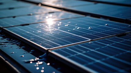 Close-up of wet solar panels on rooftop during rain, generative ai