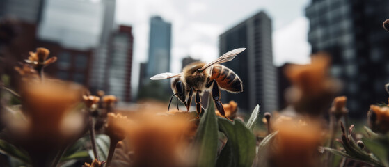 Bee collecting pollen on a flower in city, importance of bees for ecosystem and pollination, generative ai