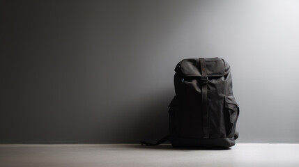 Black backpack on the ground, minimalist photo, concept of embarking on a journey, generative ai
