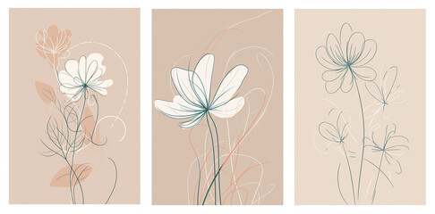 Beautiful flowers set of abstract, minimal, elegant and delicate lines.  Created with Generative AI technology.	