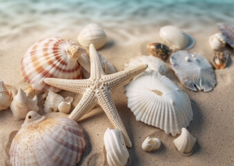 Fototapeta na wymiar Marine background with seashells and starfish on the sand, generative ai