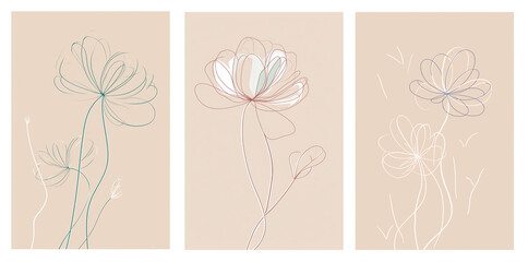 Beautiful flowers set of abstract, minimal, elegant and delicate lines.  Created with Generative AI technology.	