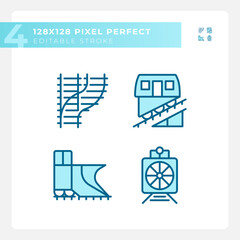 Railway vehicle pixel perfect blue RGB color icons set. Railroad car. Train transport. Locomotive engine. Isolated vector illustrations. Simple filled line drawings collection. Editable stroke