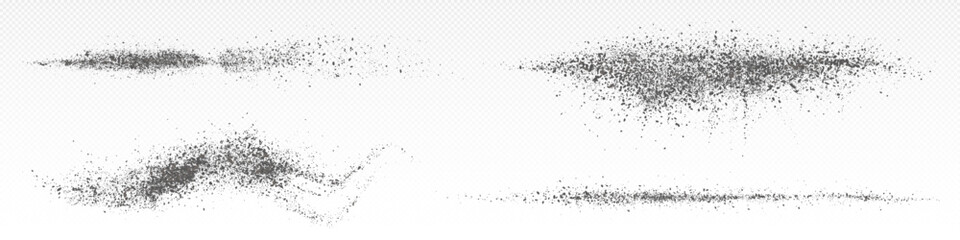 Splashes of ash powder, black dust. Burst or spray effect of dark particles, ash splatters isolated on transparent background, vector realistic illustration