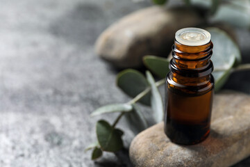 Bottle of eucalyptus essential oil and plant branch on light grey table, space for text