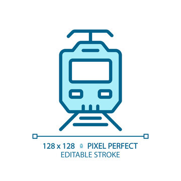 Electric train pixel perfect blue RGB color icon. Modern locomotive. High speed. Railway electrification. Overhead lines. Isolated vector illustration. Simple filled line drawing. Editable stroke