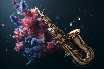 Fototapeta na wymiar Saxophone amidst flowers with water splash on banner, isolated with ample copy space. Generative AI