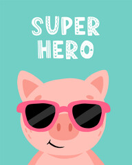 Animal pig kid card. Cute child greeting and invitation cards for birthday, baby party posters, motivational lettering. Childish print nursery decor. Bright background. Vector doodle characters