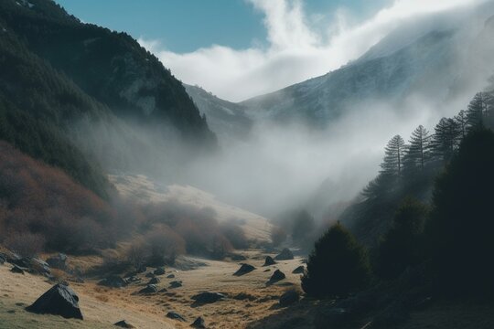 Timelapse of dense white fog in Pyrenees' Vall de Núria. Generative AI