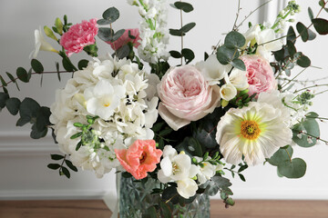 Bouquet of beautiful flowers in vase, closeup