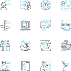 Atlas linear icons set. Map, Globe, Mountains, Coordinates, Navigation, Exploration, World line vector and concept signs. Geology,Travels,Topography outline illustrations