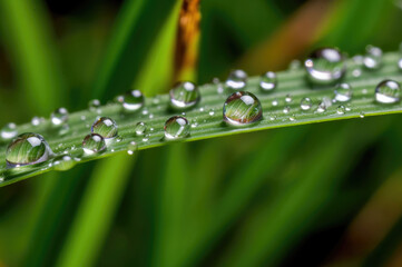 Huge reflective water droplets on a blade of grass