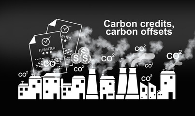 Carbon Credit and offset, CO2 emission reduction. Reduce greenhouse gas, atmosphere air pollution. Tax credits for enterprises to stop global warming. Zero carbon-dioxide footprints.