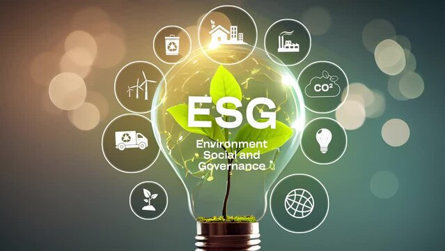 ESG environmental social governance investment business concept. light bulb with green leaf insideBusiness investment strategy concept. Digital hologram.4K video
