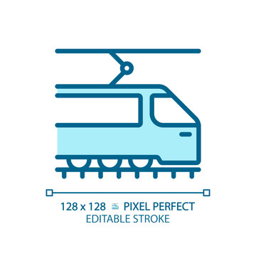 Tram pixel perfect blue RGB color icon. Tramway train. Urban transport. Light rail vehicle. Modern streetcar. Isolated vector illustration. Simple filled line drawing. Editable stroke