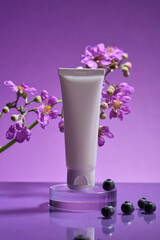 Against a purple background, a white tube without label placed on a transparent podium, decorated with blueberries and purple flower branch. Natural organic beauty cosmetics concept